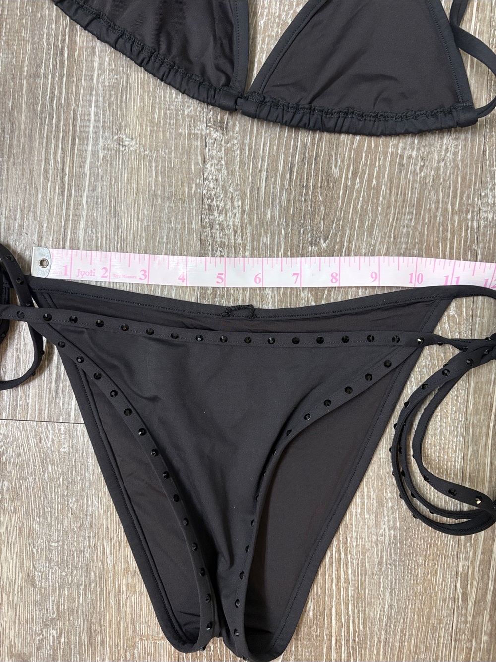 SKIMS Rhinestone Black Tie-Side Triangle Bikini Swim Set - Picture 6 of 6